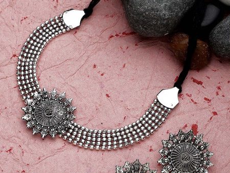 Cardinal Silver-Toned Black Oxidized Choker Necklace Set For Cheap