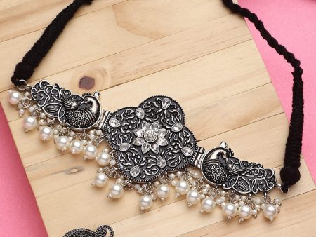 Cardinal Silver-Toned Black Colored Oxidized Choker Jewellery Set Hot on Sale