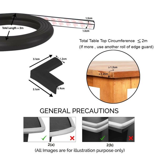 Safe-O-Kid Unique High Density L-Shaped 2 Mtr Long Mini 1 Edge Guard With 4 Corner Cushions - Black For Sale
