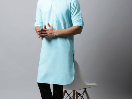 Even Apparels Blue Color Pure Cotton Solid Men s Kurta With Shirt Collar (SLD1132) Online Sale