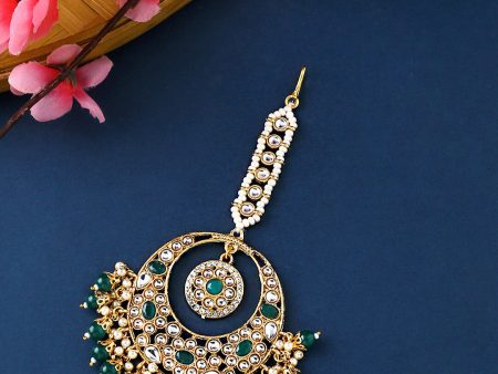 Yellow Chimes Gold-Plated White & Green Kundan-Studded & Beaded Maang Tikka For Discount