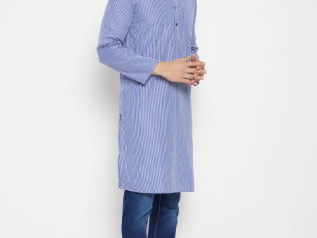 Even Apparels Blue Color Pure Cotton Long Men s Kurta With Band Collar Supply