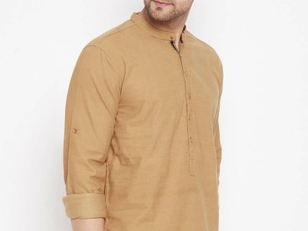 Even Apparels Beige Pure Cotton Short Men s Kurta With Band Collar For Sale