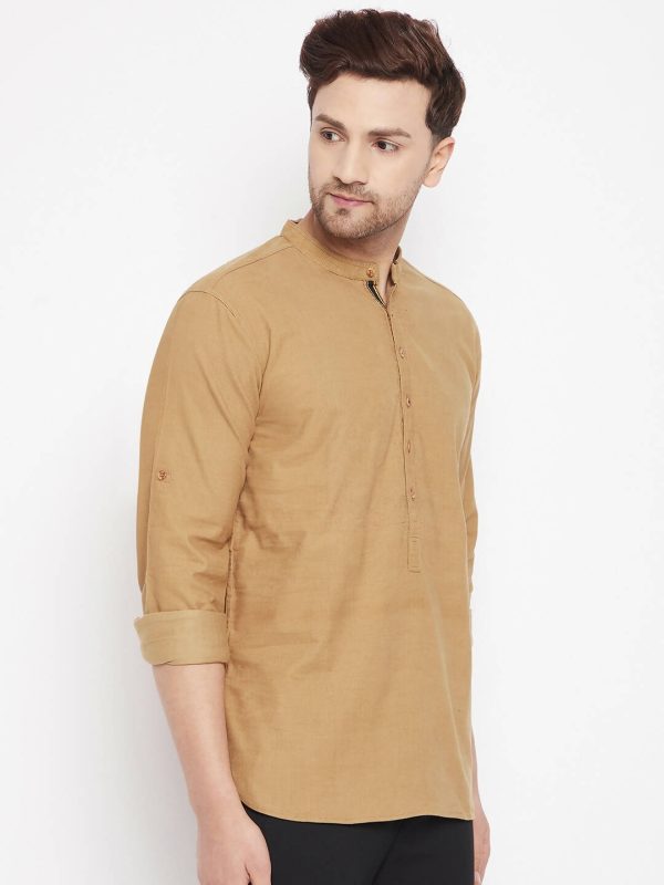 Even Apparels Beige Pure Cotton Short Men s Kurta With Band Collar For Sale