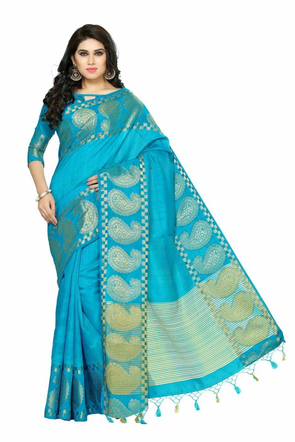 Mimosa Women s Banarasi Tussar Silk Turquoise Blue Saree For Sale