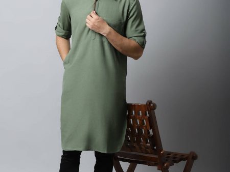 Even Apparels Green Color Linen Solid Men s Kurta With Shirt Collar (LN944) Online