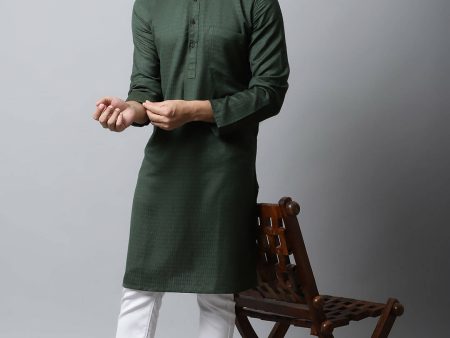 Even Apparels Green Color Viscose Pure Cotton Men s Kurta With Band Collar (SLD1197) Discount