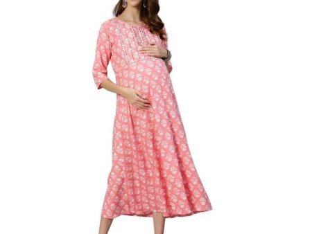 Anubhutee Women s Cotton Knee-Length Floral Printed Maternity A-Line Midi Pink Dress Online now