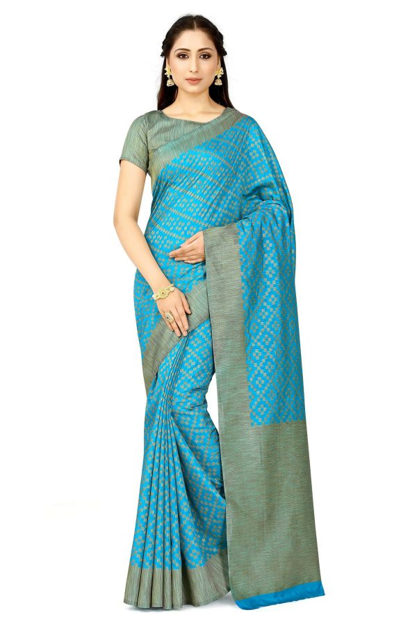 Mimosa Women s Patola Art Silk Turquoise Blue Saree Online Sale