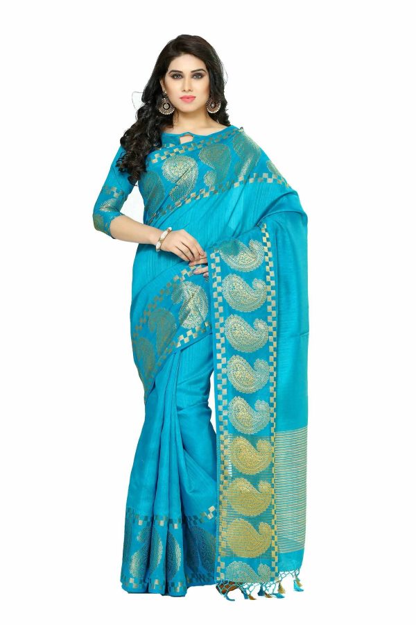 Mimosa Women s Banarasi Tussar Silk Turquoise Blue Saree For Sale