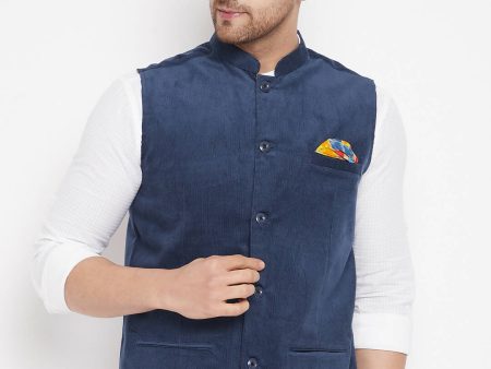 Even Apparels Blue Polyester Men s Nehru Jacket-Contrast Lining-Inbuilt Pocket Square For Sale