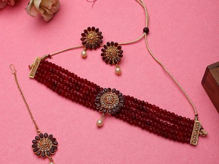 Cardinal Gold-Plated Maroon Onyx-Studded & Beaded Jewellery Set For Discount