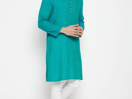 Even Apparels Blue Pure Cotton Long Men s Kurta With Band Collar Online