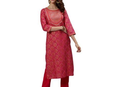 Anubhutee Women s Cotton Ethnic Motifs Embroidered Regular Sequinned Fuchsia Kurta Set Online Sale