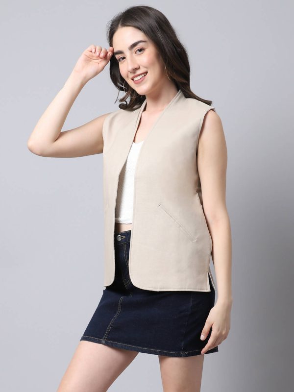 Even Apparels Cream Linen Cotton Open Front Women s Waistcoat Online