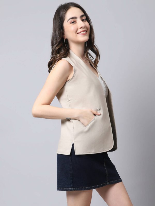 Even Apparels Cream Linen Cotton Open Front Women s Waistcoat Online