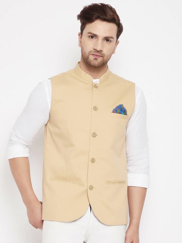 Even Apparels Beige Polyester Men s Nehru Jacket-Contrast Lining-Inbuilt Pocket Square Supply