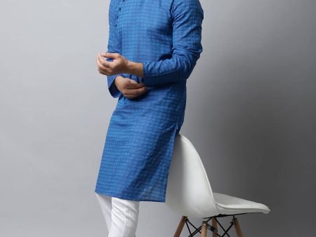 Even Apparels Blue Color Pure Cotton Men s Kurta With Band Collar (CHK1198) on Sale