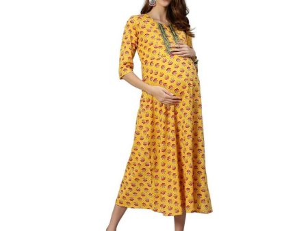 Anubhutee Women s Cotton Knee-Length Floral Printed Maternity A-Line Midi Yellow Dress Online Sale