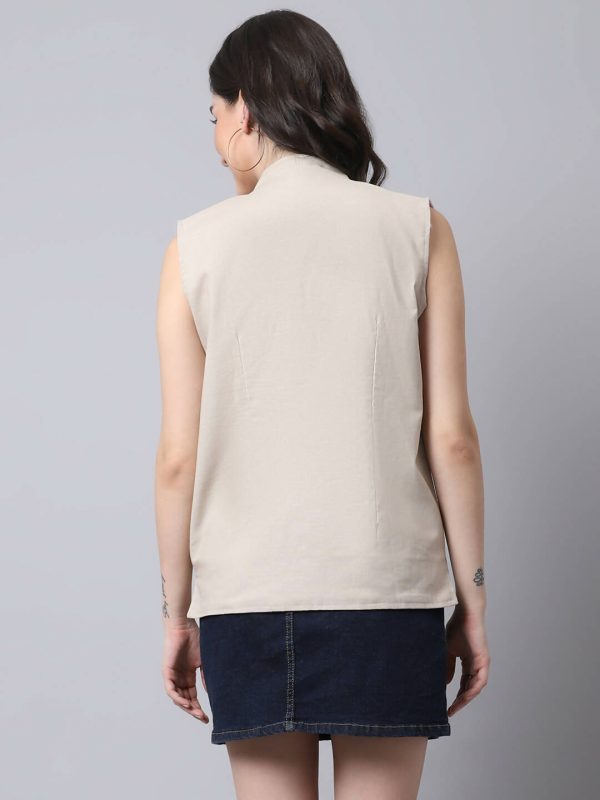 Even Apparels Cream Linen Cotton Open Front Women s Waistcoat Online