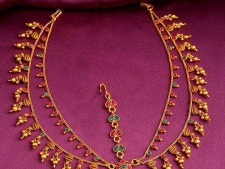 Yellow Chimes Gold-Plated Pink & Green Stone Studded Ghungroo Beaded Mathapatti Fashion