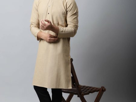 Even Apparels Beige Color Pure Cotton Men s Kurta With Band Collar (SLD1196) For Cheap