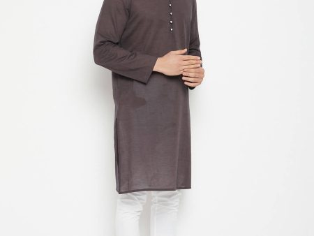 Even Apparels Brown Pure Cotton Long Men s Kurta With Band Collar Online Hot Sale