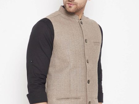 Even Apparels Beige Wool Men Woven Nehru Jacket For Sale