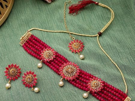 Cardinal Gold-Toned & Pink Onyx-Studded & Beaded Jewellery Set Hot on Sale