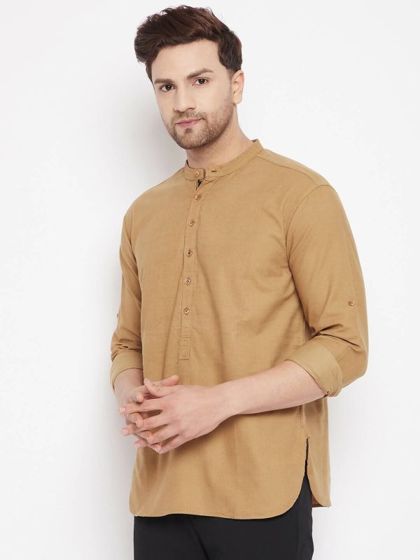 Even Apparels Beige Pure Cotton Short Men s Kurta With Band Collar For Sale