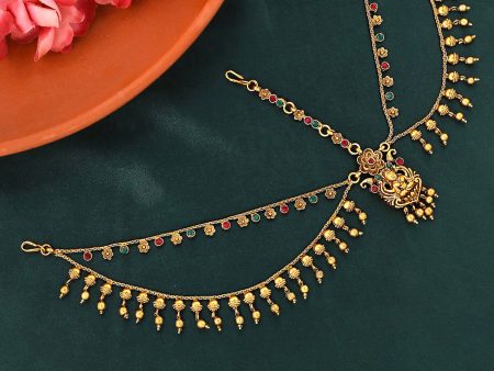 Yellow Chimes Gold-Plated Red & Green Stone-Studded Layered Bridal Traditional Mathapatti Online now