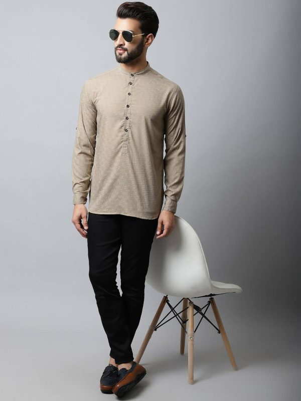 Even Apparels Beige Color Pure Cotton Men s Kurta With Band Collar (SLD072) For Sale