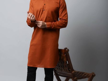 Even Apparels Brown Color Pure Cotton Solid Men s Kurta With Shirt Collar (SLD1137) Sale