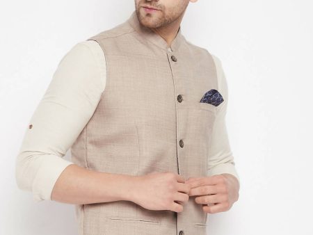 Even Apparels Cream Linen Men s Nehru Jacket-Contrast Lining-Inbuilt Pocket Square Discount