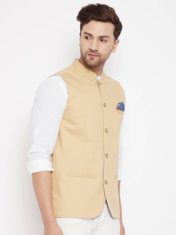 Even Apparels Beige Polyester Men s Nehru Jacket-Contrast Lining-Inbuilt Pocket Square Supply