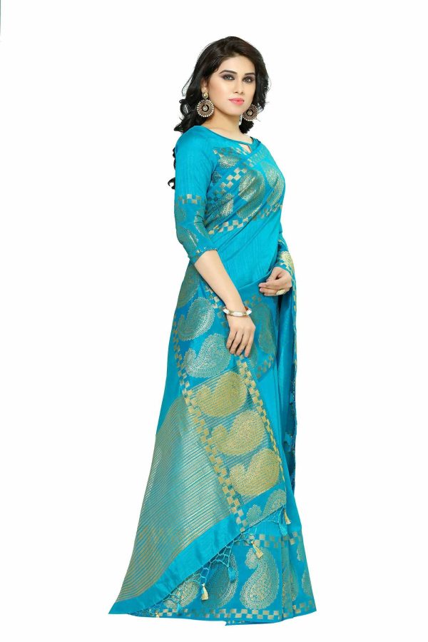 Mimosa Women s Banarasi Tussar Silk Turquoise Blue Saree For Sale