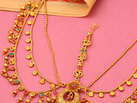 Yellow Chimes Gold-Plated Red & Green Stone-Studded Layered Bridal Maatha Patti Cheap