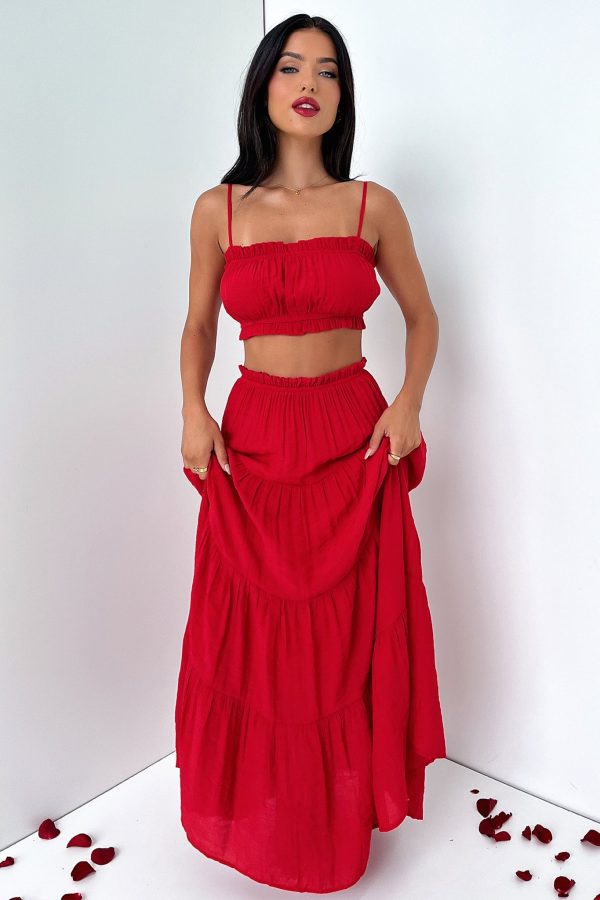 Selina Tiered Maxi Skirt - Red Cheap