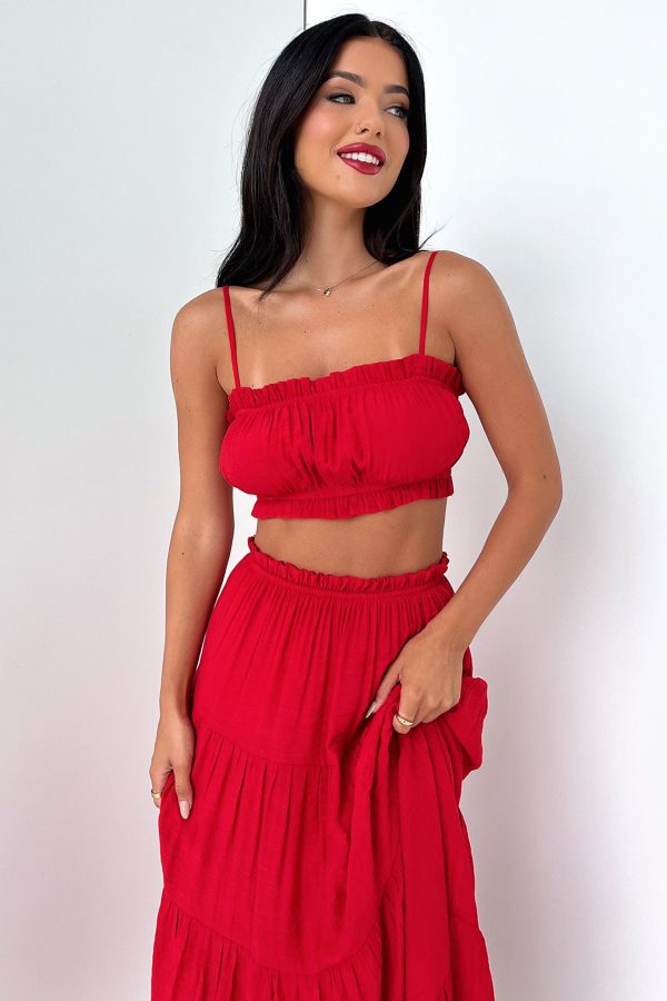 Selina Tiered Maxi Skirt - Red Cheap