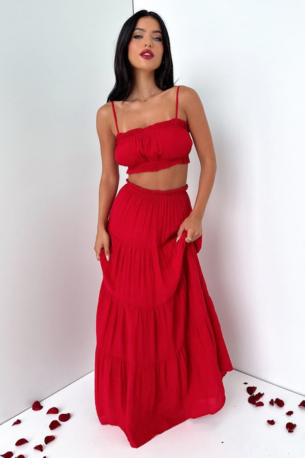 Selina Tiered Maxi Skirt - Red Cheap