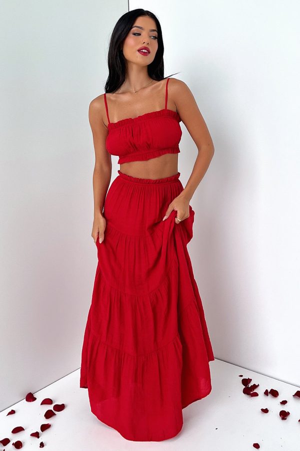 Selina Tiered Maxi Skirt - Red Cheap